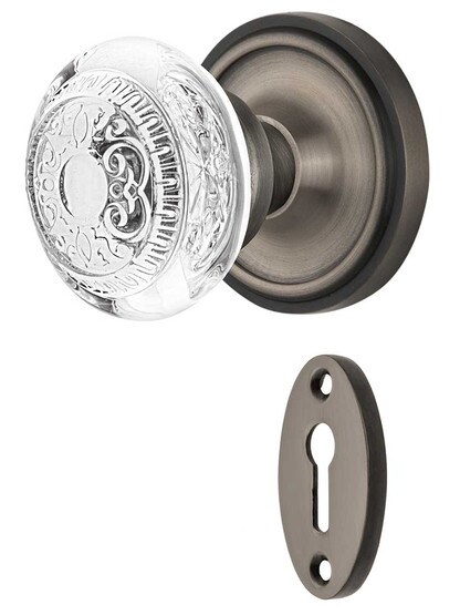 Classic Rosette Mortise-Lock Set with Egg and Dart Crystal-Glass Knobs in Antique Pewter.